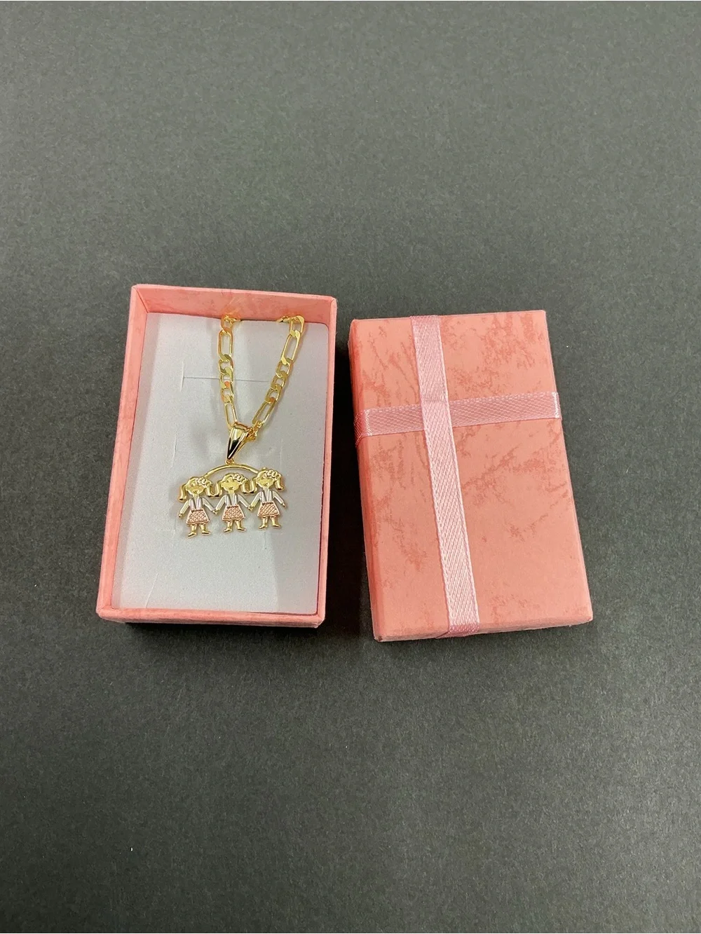 18K Gold filled Tone Triple Girl Pendant Necklace - Pink Accents